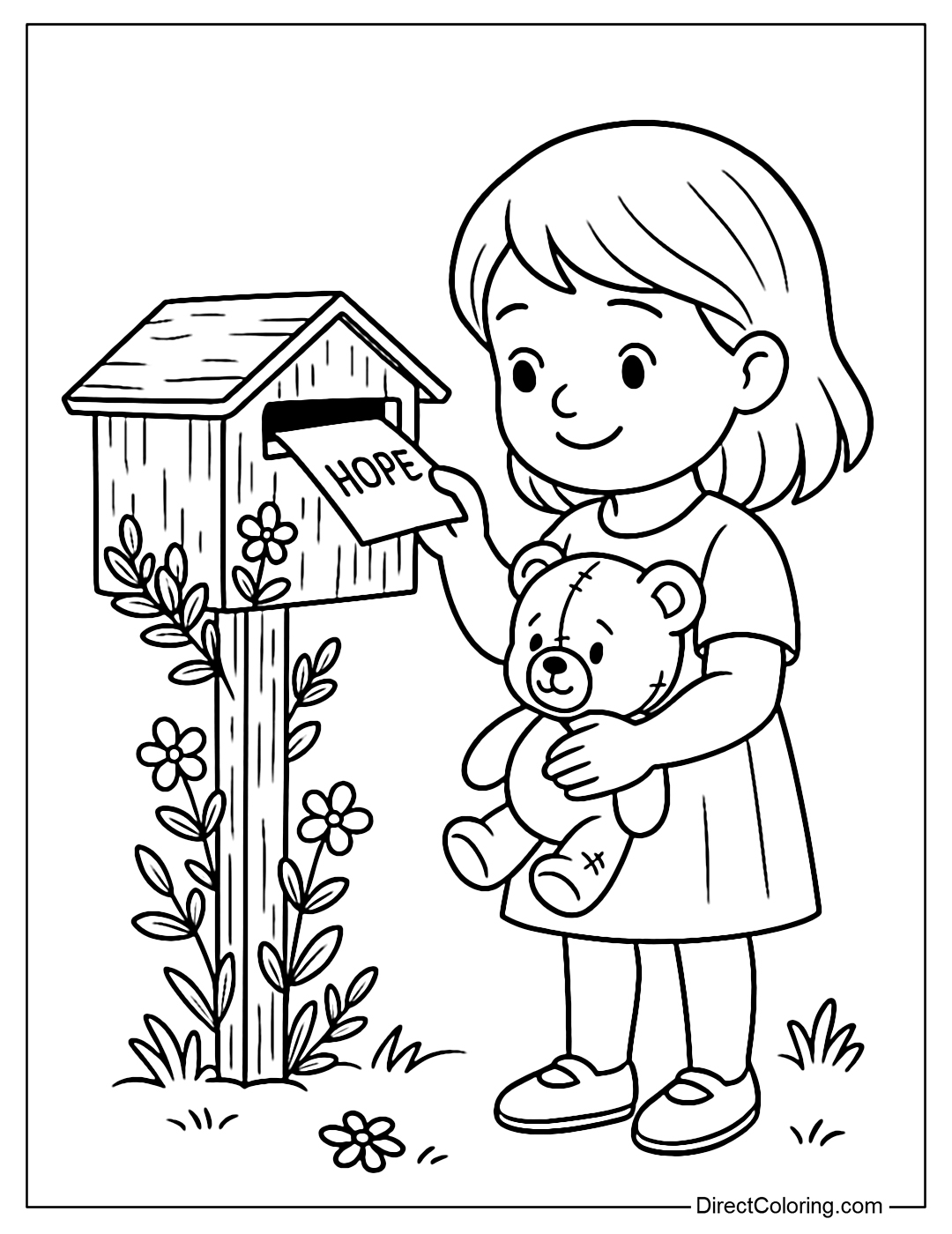 A coloring page of a child putting a letter with the word 